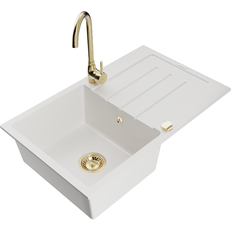 Mexen Bruno graniittinen 1-altaainen tiskiallas valutustasolla ja Telma keittiöhana, valkoinen - 6513-20-670200-50