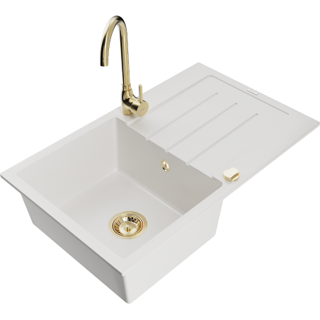 Mexen Bruno fregadero de granito de 1 cubeta con escurridor y grifo de cocina Telma, blanco - 6513-20-670200-50