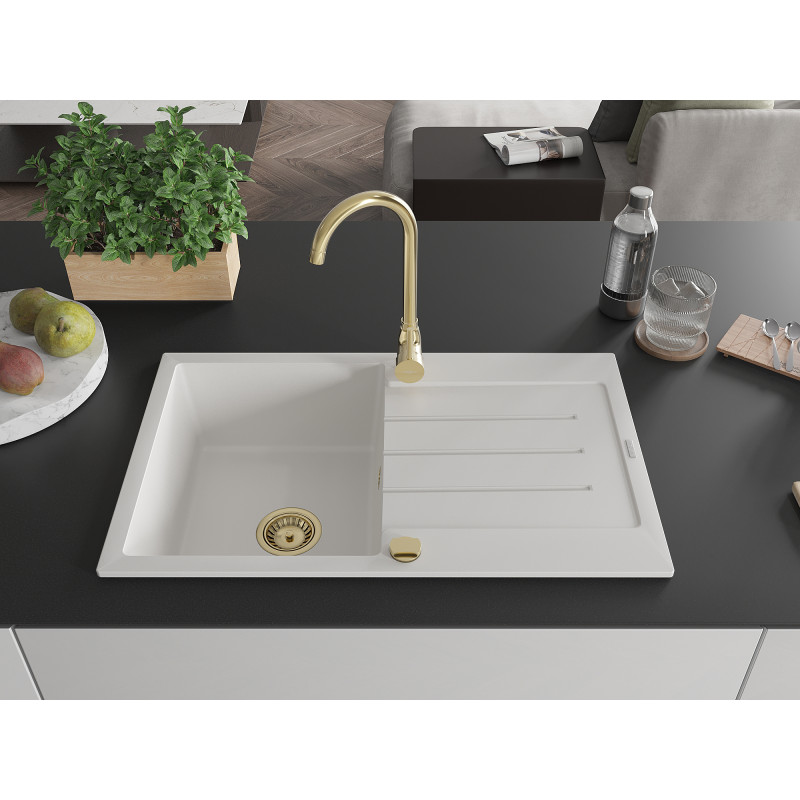 Mexen Bruno fregadero de granito de 1 cubeta con escurridor y grifo de cocina Telma, blanco - 6513-20-670200-50