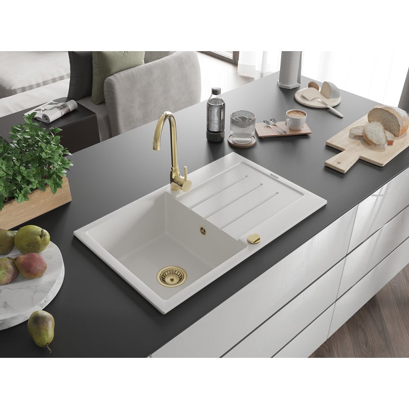 Mexen Bruno granite sink 1-bowl with drainer and Telma kitchen tap, white - 6513-20-670200-50