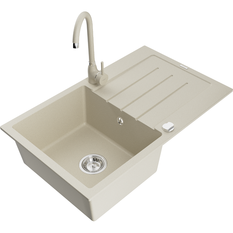 Mexen Bruno évier en granit 1-bac avec égouttoir et robinet de cuisine Telma, beige - 6513-69-670200-69