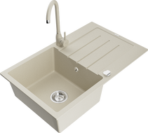 Mexen Bruno évier en granit 1-bac avec égouttoir et robinet de cuisine Telma, beige - 6513-69-670200-69
