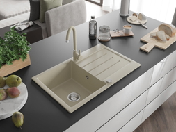 Mexen Bruno 1-bowl granite sink with drainer and Telma kitchen faucet, beige - 6513-69-670200-69