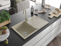 Mexen Bruno fregadero de granito de 1 cubeta con escurridor y grifo de cocina Telma, beige - 6513-69-670200-69