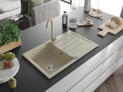Mexen Bruno fregadero de granito de 1 seno con escurridor y grifo de cocina Telma, beige - 6513-69-670200-69
