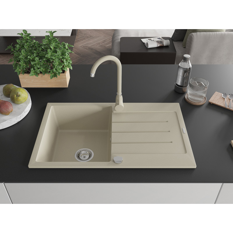 Mexen Bruno fregadero de granito de 1 seno con escurridor y grifo de cocina Telma, beige - 6513-69-670200-69