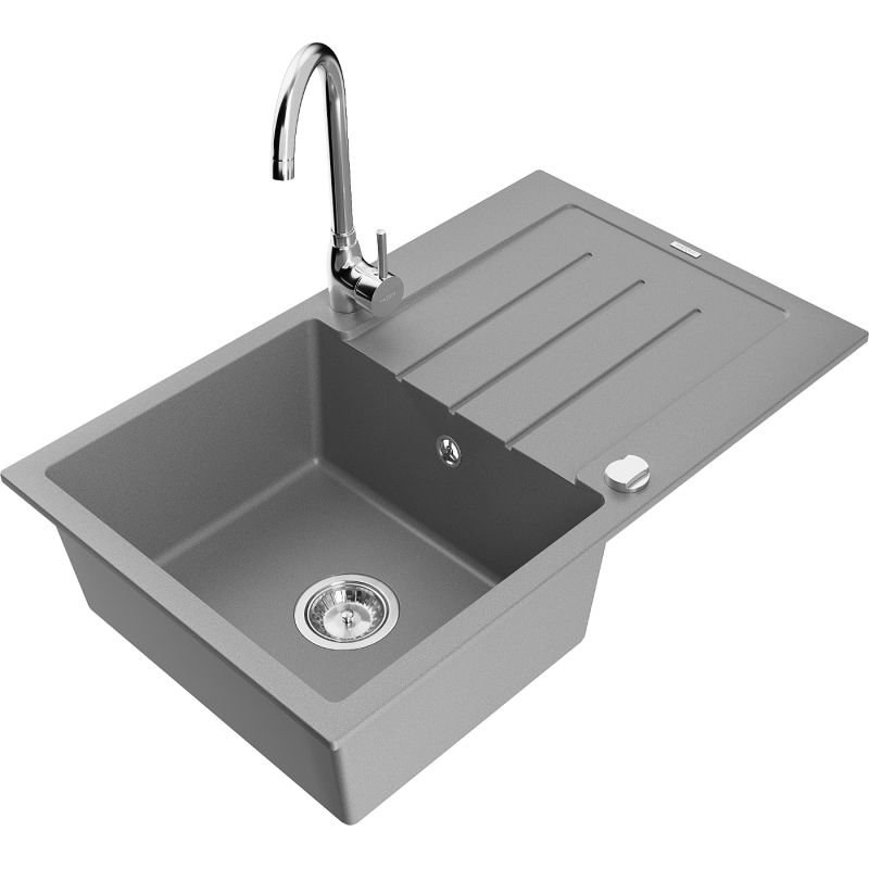 Mexen Bruno 1-bowl granite sink with drainer and Telma kitchen tap, grey - 6513-71-670200-00