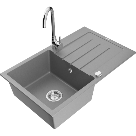 Mexen Bruno lava-loiça em granito de 1 cuba com escorredor e torneira de cozinha Telma, cinza - 6513-71-670200-00