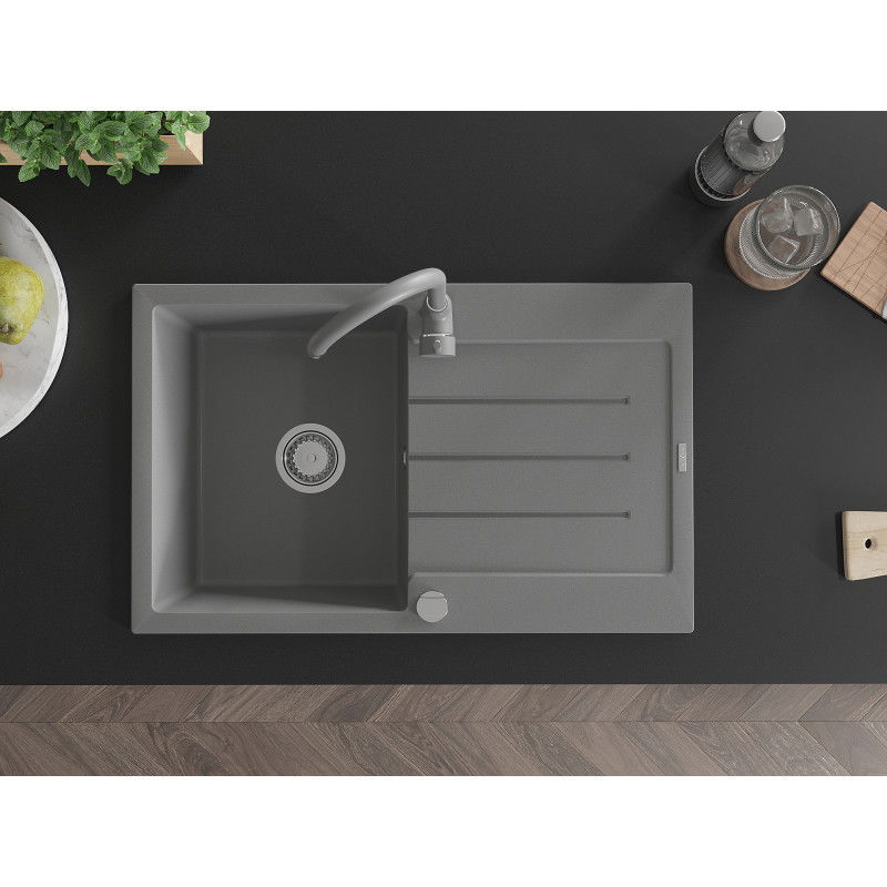 Mexen Bruno fregadero de granito de 1 cubeta con escurridor y grifo de cocina Telma, gris - 6513-71-670200-71