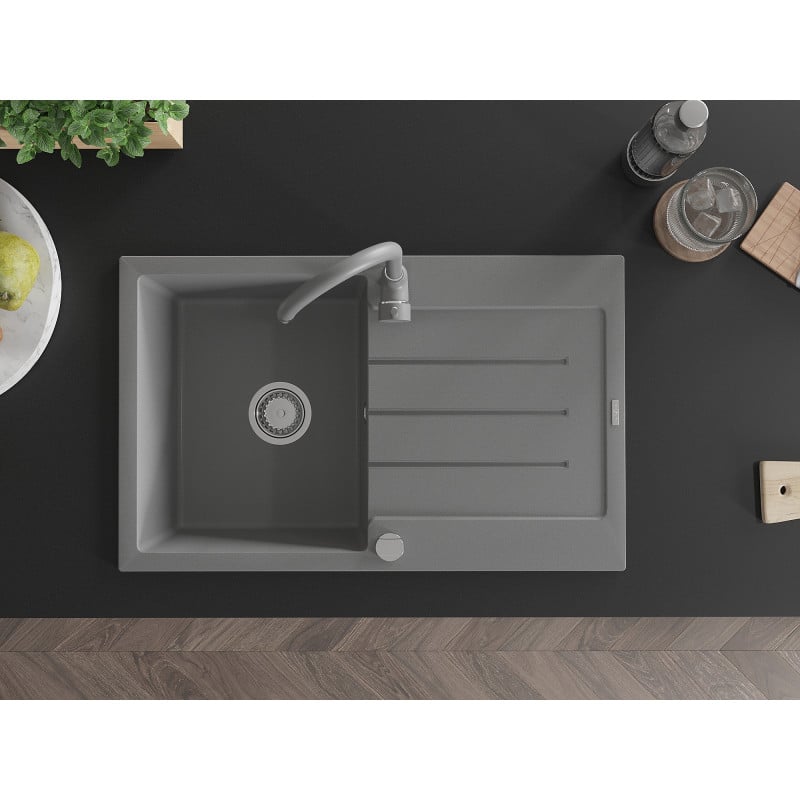 Mexen Bruno Granitspüle 1-Becken mit Abtropffläche und Küchenarmatur Telma, grau - 6513-71-670200-71