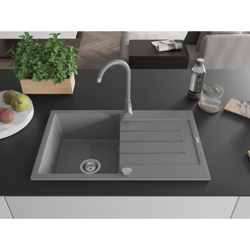 Mexen Bruno granite kitchen sink with 1 bowl and drainer and Telma kitchen tap, grey - 6513-71-670200-71