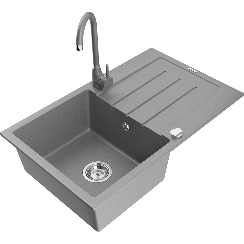 Mexen Bruno granite kitchen sink with 1 bowl and drainer and Telma kitchen tap, grey - 6513-71-670200-71