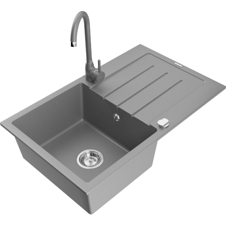 Mexen Bruno fregadero de granito de 1 cubeta con escurridor y grifo de cocina Telma, gris - 6513-71-670200-71