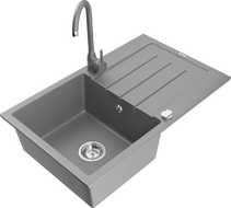 Mexen Bruno fregadero de granito de 1 cubeta con escurridor y grifo de cocina Telma, gris - 6513-71-670200-71