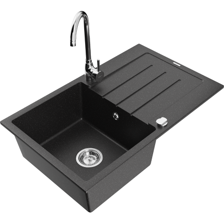 Mexen Bruno 1-bowl granite sink with drainer and Telma kitchen tap, black/silver - 6513-73-670200-00