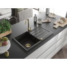 Mexen Bruno granit gootsteen 1-compartiment met afdruiprek en keukenkraan Telma, zwart/goud - 6513-75-670200-50