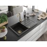 Mexen Bruno granite sink 1-bowl with drainer and Telma kitchen tap, black/gold - 6513-75-670200-50