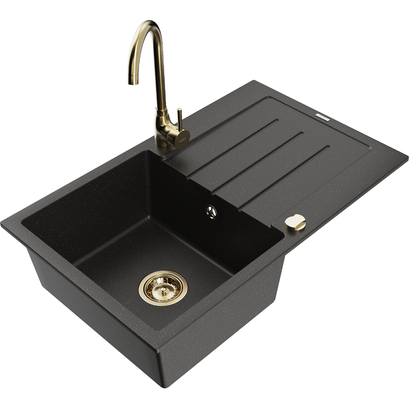 Mexen Bruno fregadero de granito de 1 seno con escurridor y grifo de cocina Telma, negro/dorado - 6513-75-670200-50