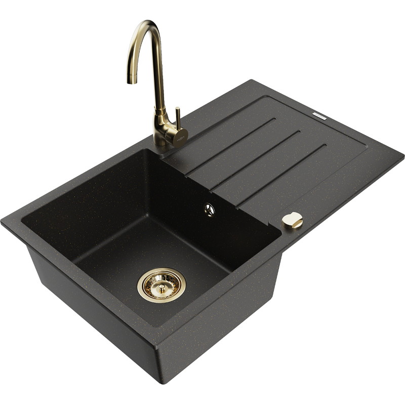 Mexen Bruno granite kitchen sink 1-bowl with drainer and kitchen faucet Telma, black/gold - 6513-75-670200-50