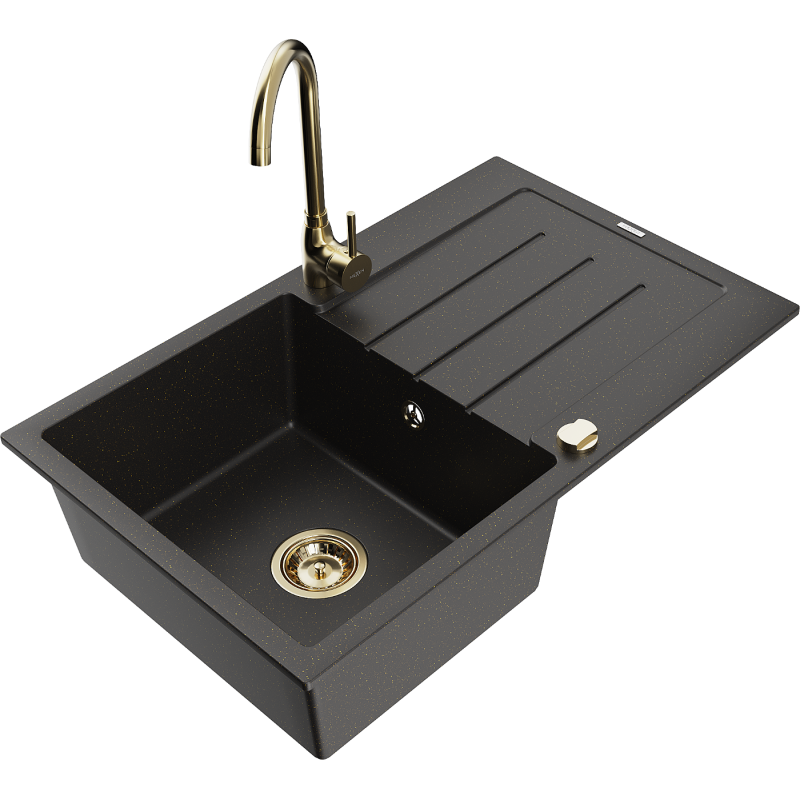 Mexen Bruno granite sink 1-bowl with drainer and Telma kitchen tap, black/gold - 6513-75-670200-50