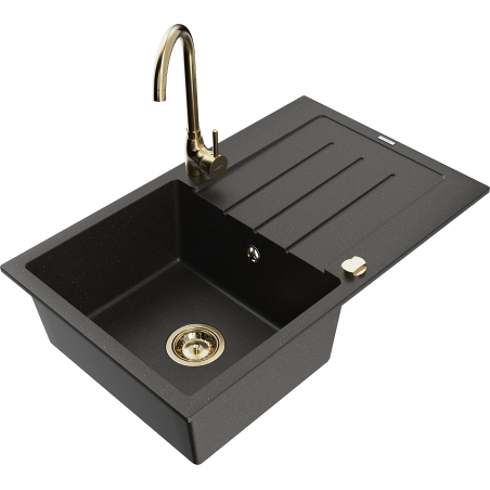 Mexen Bruno évier en granit à 1 bac avec égouttoir et robinet de cuisine Telma, noir/or - 6513-75-670200-50