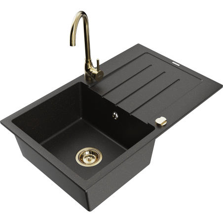 Mexen Bruno granite sink 1-bowl with drainer and Telma kitchen tap, black/gold - 6513-75-670200-50