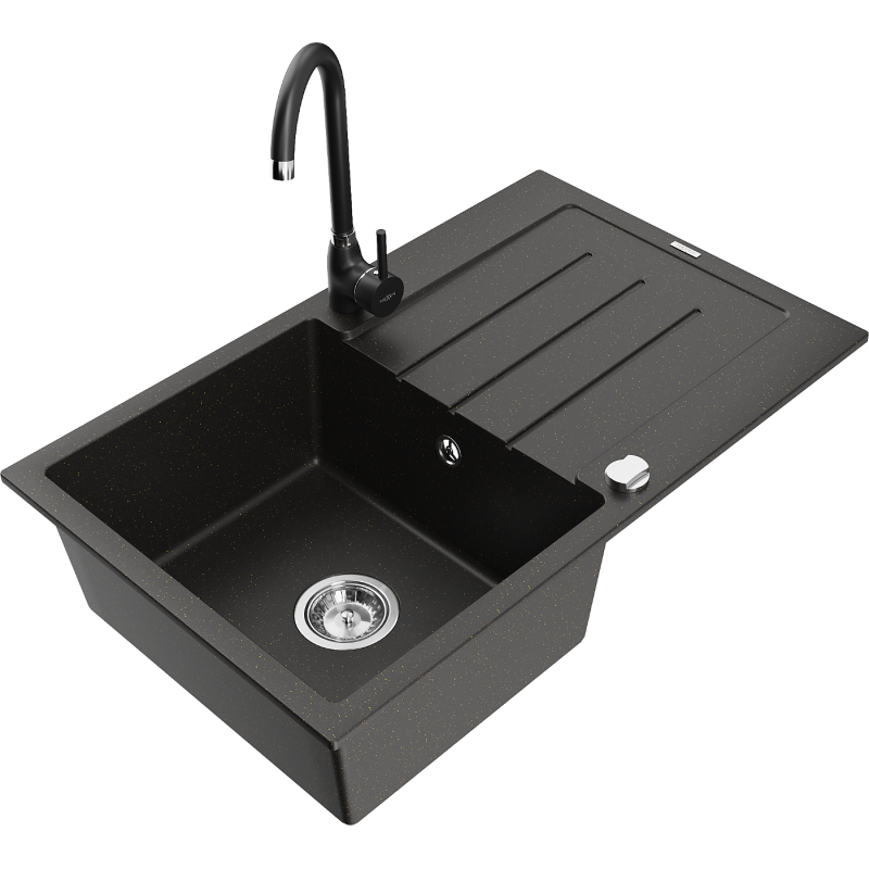 Mexen Bruno fregadero de granito de 1 seno con escurridor y grifo de cocina Telma, negro/dorado - 6513-75-670200-70