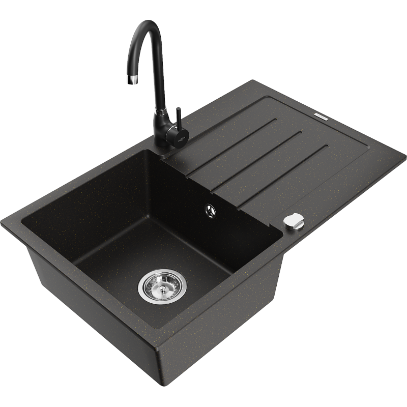 Mexen Bruno granite kitchen sink 1-bowl with drainer and Telma kitchen tap, black/gold - 6513-75-670200-70