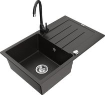 Mexen Bruno fregadero de granito de 1 seno con escurridor y grifo de cocina Telma, negro/dorado - 6513-75-670200-70
