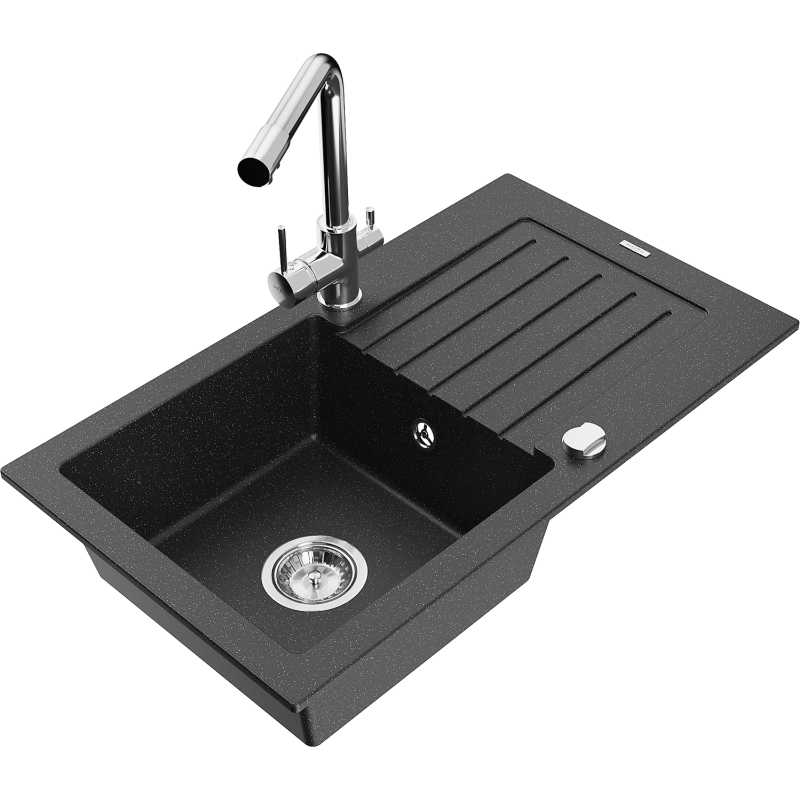Mexen Pablo fregadero de granito de 1 cubeta con escurridor y grifo de cocina Duero, negro/plateado metálico