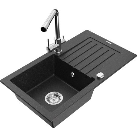 Mexen Pablo fregadero de granito de 1 cubeta con escurridor y grifo de cocina Duero, negro/plateado metálico