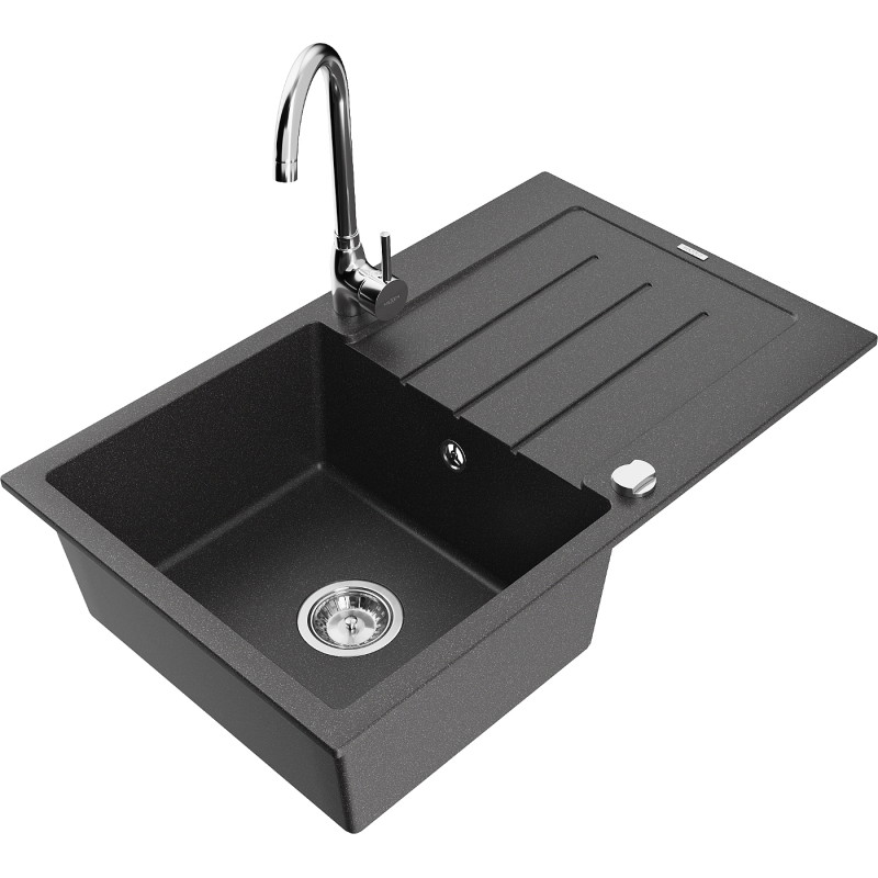 Mexen Bruno granitni sudoper s jednom komorom i ocjednom pločom i kuhinjskom slavinom Telma, crni s prskanjem