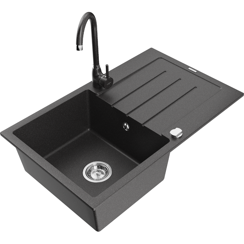 Mexen Bruno granite sink 1-bowl with drainer and Telma kitchen tap, black speckled - 6513-76-670200-76