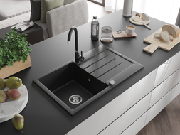Mexen Bruno 1-bowl granite kitchen sink with drainer and Telma kitchen tap, black - 6513-77-670200-70