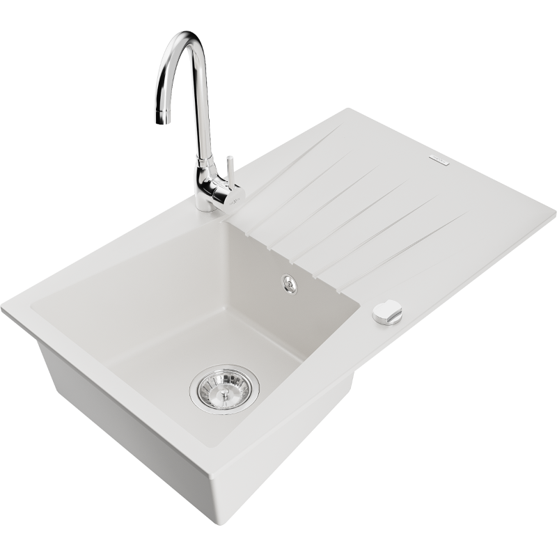 Mexen Cesar 1-bowl granite sink with drainer and Telma kitchen tap, white - 6514-20-670200-00