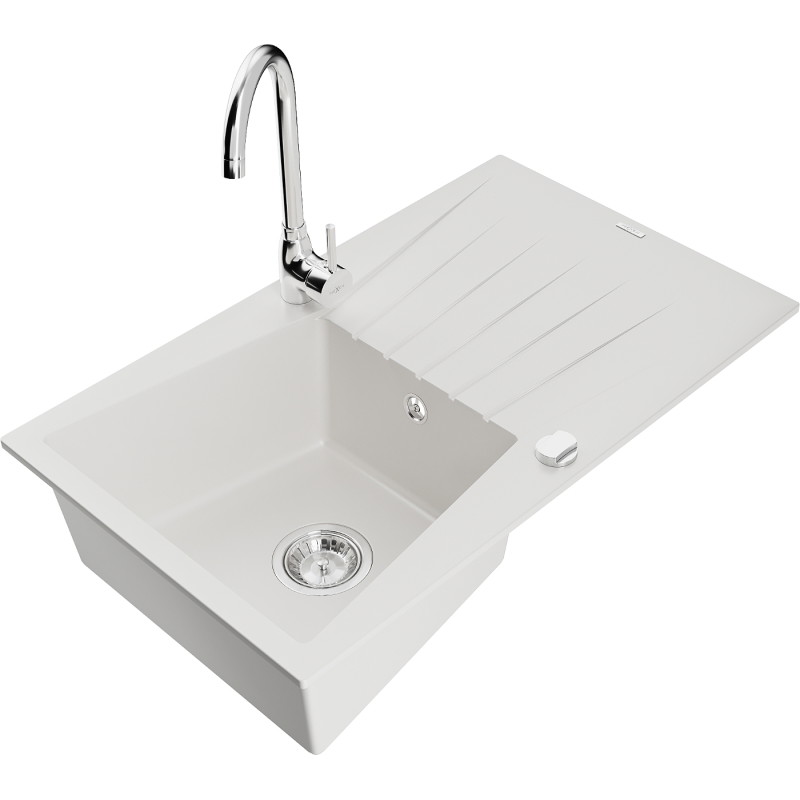 Mexen Cesar granite kitchen sink with 1 bowl and drainer with Telma kitchen faucet, white - 6514-20-670200-00
