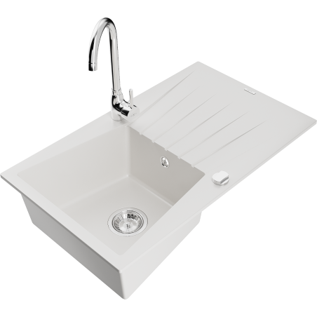 Mexen Cesar granite kitchen sink with 1 bowl and drainer with Telma kitchen faucet, white - 6514-20-670200-00