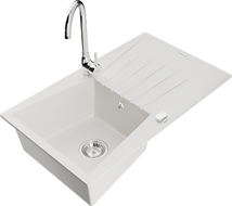 Mexen Cesar granite kitchen sink with 1 bowl and drainer with Telma kitchen faucet, white - 6514-20-670200-00