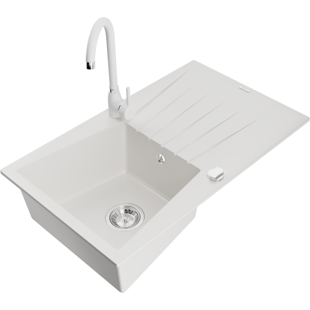 Mexen Cesar fregadero de cocina de granito de 1 cubeta con escurridor y grifo Telma, blanco - 6514-20-670200-20
