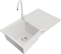 Mexen Cesar granitno pomivalno korito z 1 prekatom, odcejalnikom in kuhinjsko armaturo Telma, belo - 6514-20-670200-20