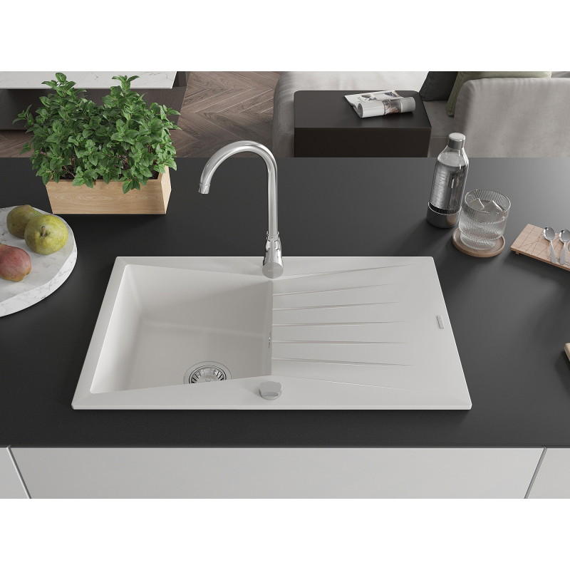 Mexen Cesar granite kitchen sink with 1 bowl and drainer with Telma kitchen faucet, white - 6514-20-670200-00