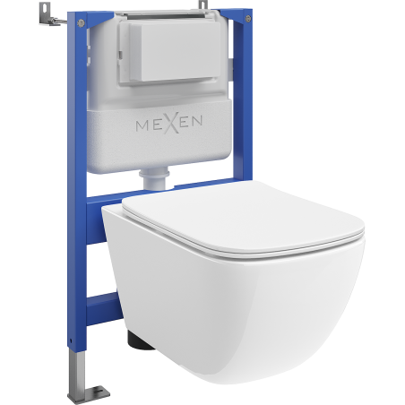 Mexen Timo conjunto empotrado WC bastidor neumático Tex Air XS-F con taza WC Tornado y asiento de cierre suave, blanco