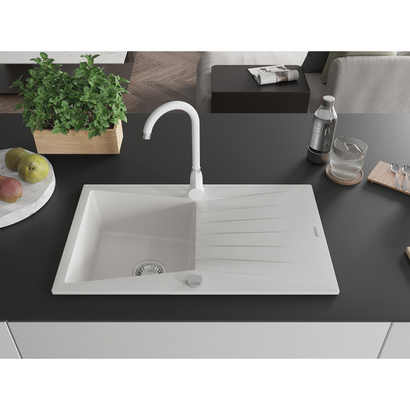 Mexen Cesar fregadero de granito de 1 seno con escurridor y grifo de cocina Telma, blanco - 6514-20-670200-20