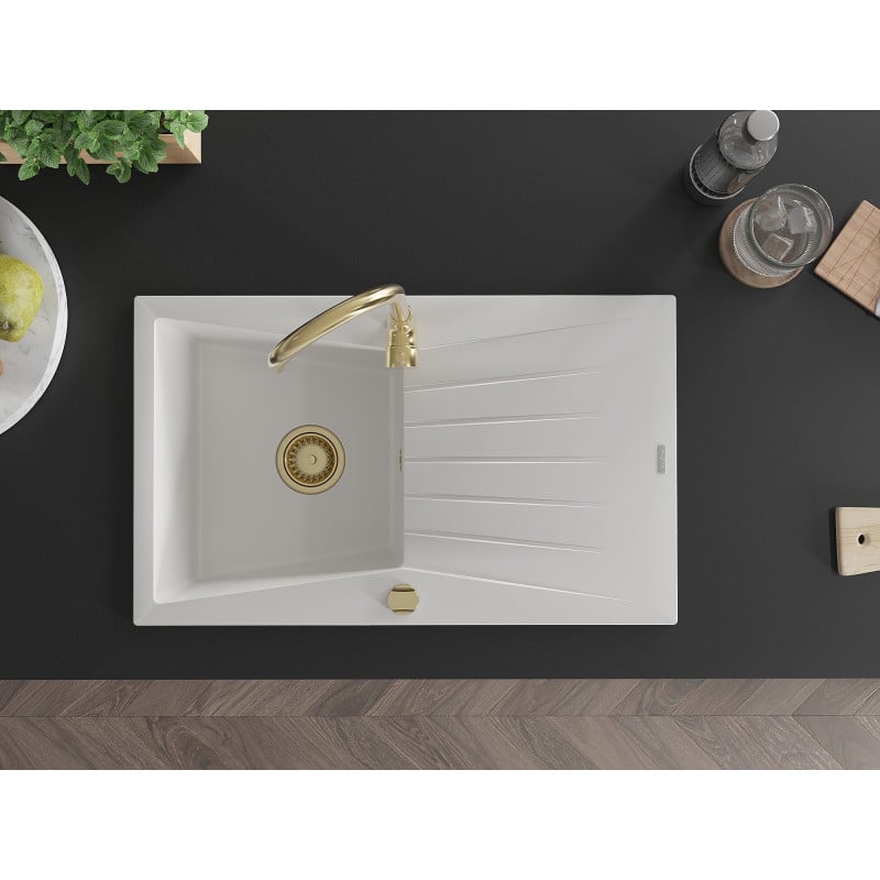 Mexen Cesar granitdiskho med 1 fack med avrinningsplatta och köksblandare Telma, vit - 6514-20-670200-50