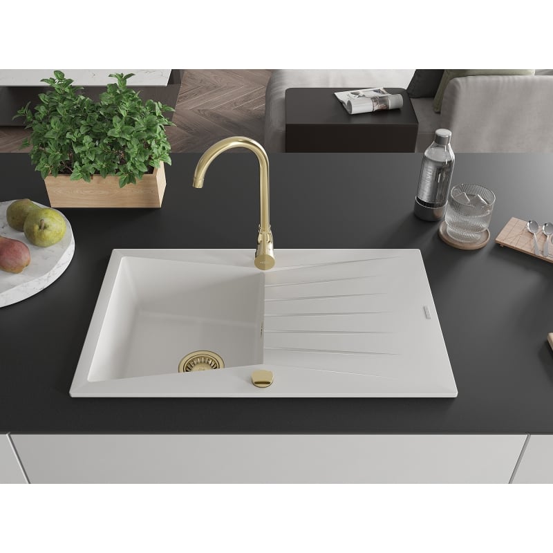 Mexen Cesar granite 1-bowl kitchen sink with drainer and Telma kitchen faucet, white - 6514-20-670200-50