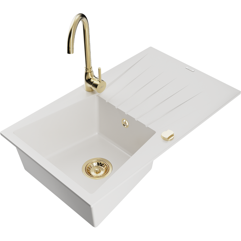 Mexen Cesar graniittinen 1-allas tiskiallas valumatasolla ja Telma-keittiöhanalla, valkoinen - 6514-20-670200-50