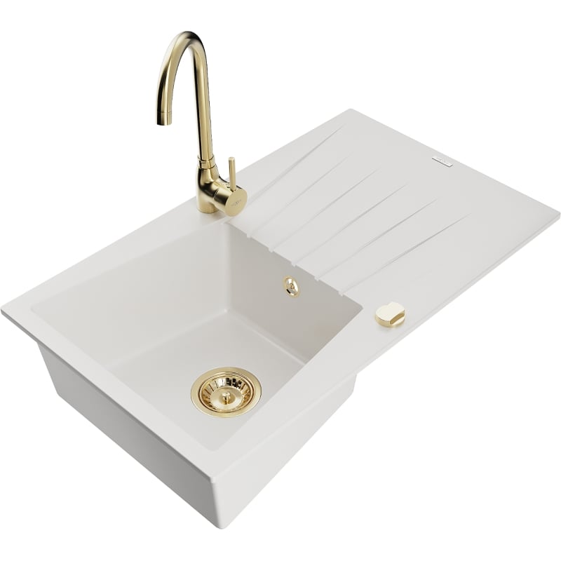 Mexen Cesar granite 1-bowl kitchen sink with drainer and Telma kitchen faucet, white - 6514-20-670200-50