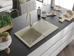 Mexen Cesar Granitspüle 1-Kammer mit Abtropffläche und Küchenarmatur Telma, beige - 6514-69-670200-69