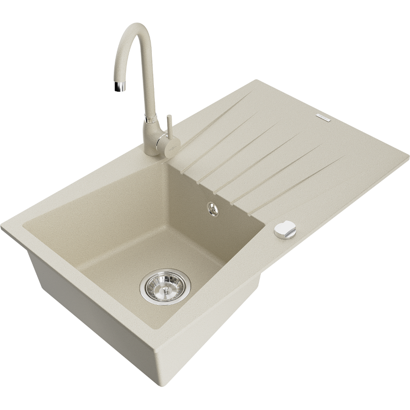 Mexen Cesar single-bowl granite sink with drainer and Telma kitchen tap, beige - 6514-69-670200-69