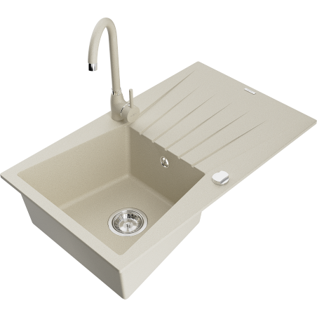 Mexen Cesar évier en granit 1 bac avec égouttoir et robinet de cuisine Telma, beige - 6514-69-670200-69